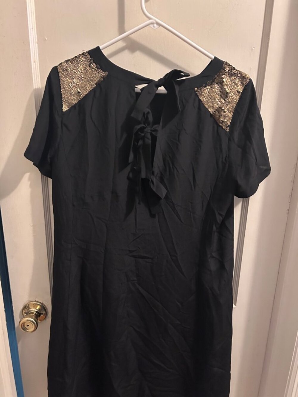 Madewell Silk Sequin Yoke Dress 8 Black Gold Shift Tie Back E5881